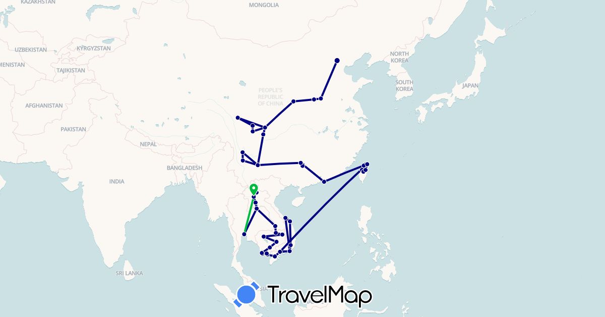 TravelMap itinerary: driving, bus in China, Hong Kong, Cambodia, Laos, Thailand, Taiwan, Vietnam (Asia)